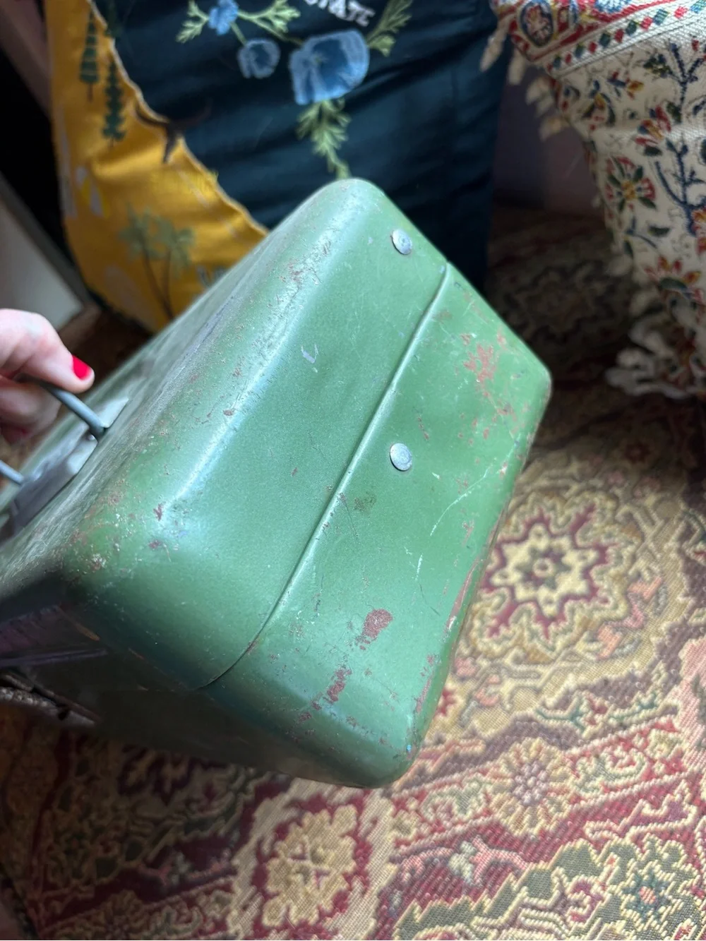 Old Pal Vintage Green Metal Tool Box with Raised Logo